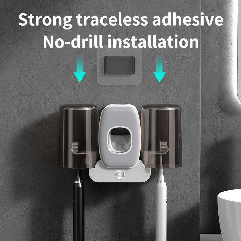 3-in-1 Automatic Wall-Mounted Toothbrush Cleaner Holder & Toothpaste Dispenser with 4-Slot Toothbrush, No Drill Installation, Rechargeable Bathroom Storage Suitable for Bathroom, Space-Saving Hygienic Brush Holder (Grey/black--Deal Extra-Deal Extra