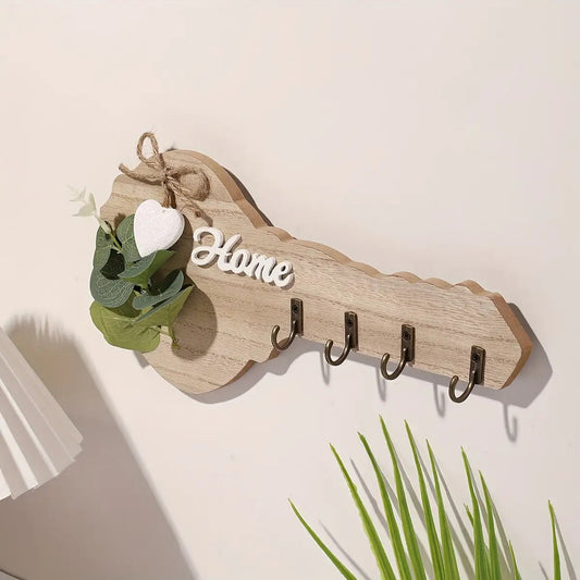 A 2D Wooden 'Home' Key Holder Wall Decoration with Realistic Design, Featuring Heart-Shaped Accents And 4 Hooks - a Stylish Modern Decor Piece Suitable for Kitchens, Living Rooms, Bedrooms, And Charming Room Embellishments wi--Deal Extra-Deal Extra