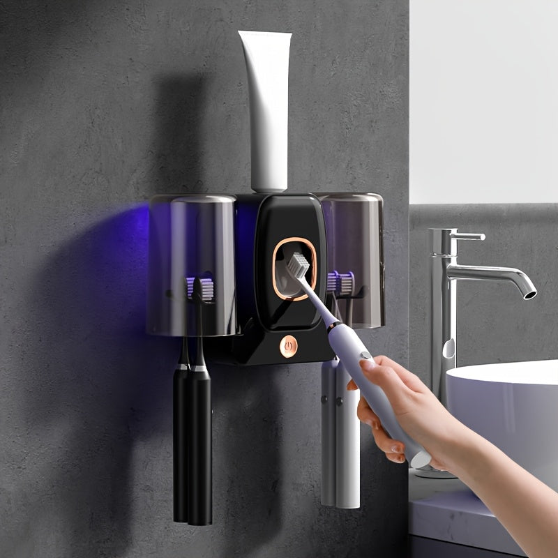 3-in-1 Automatic Wall-Mounted Toothbrush Cleaner Holder & Toothpaste Dispenser with 4-Slot Toothbrush, No Drill Installation, Rechargeable Bathroom Storage Suitable for Bathroom, Space-Saving Hygienic Brush Holder (Grey/black--Deal Extra-Deal Extra