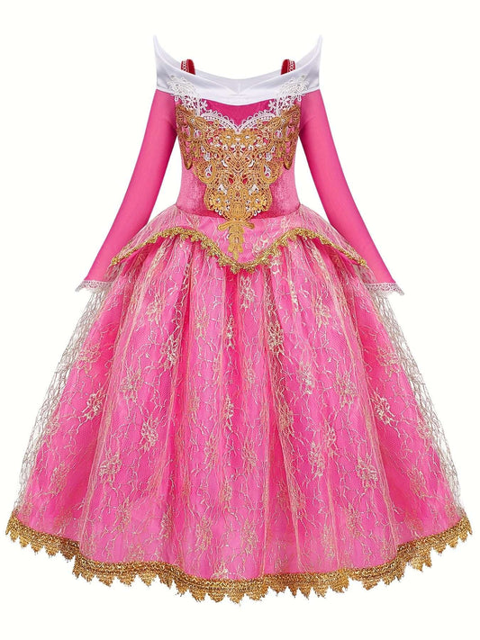 Elegant Pink Princess Dress for Girls - Long Sleeve, Lace Detail, Tulle Skirt with Golden Embroidery - Perfect for Spring, Fall, Halloween, and Christmas Parties, Halloween Costume | Elegant Lace Dress | Detailed Embroidery,--Deal Extra-Deal Extra