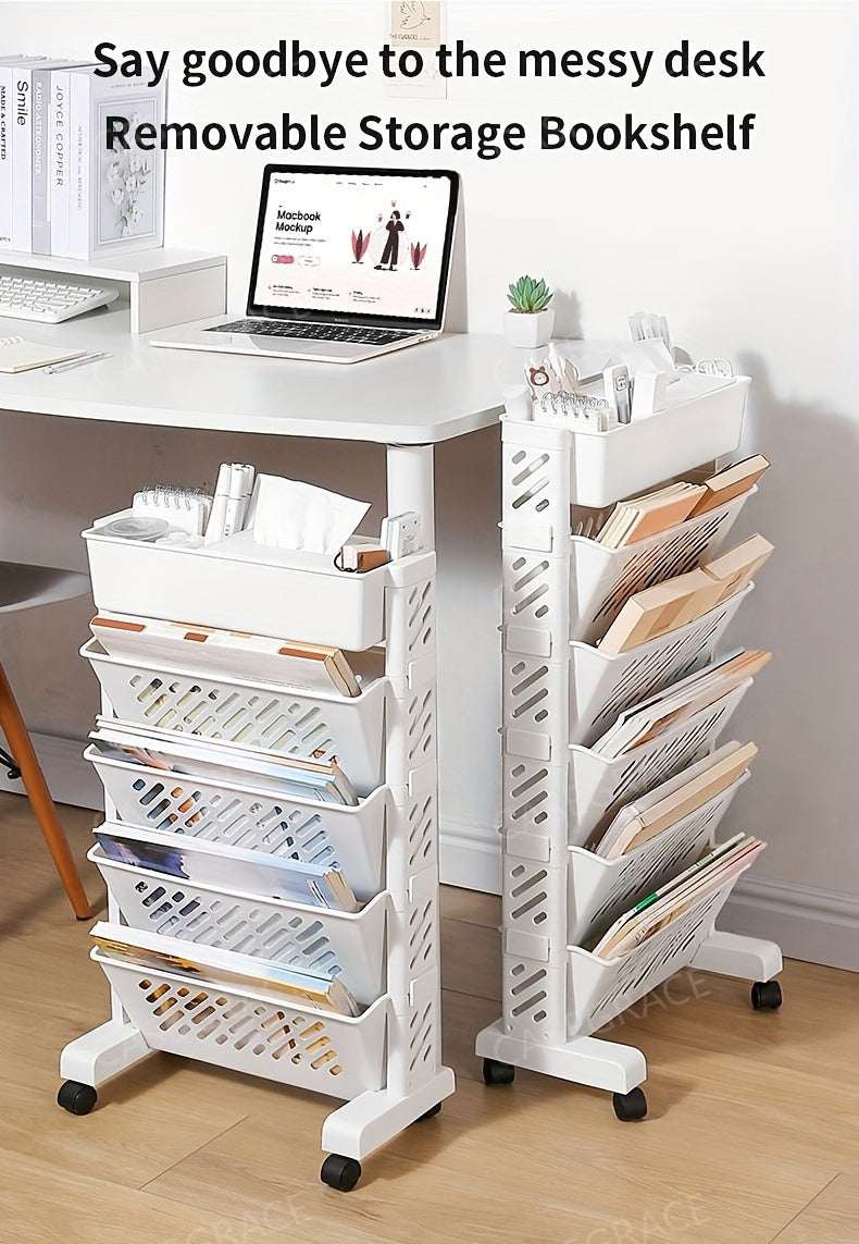5-Tier Rolling Bookshelf Cart – Movable Office Desk Side Storage 10kg PP Plastic--Deal Extra-Deal Extra