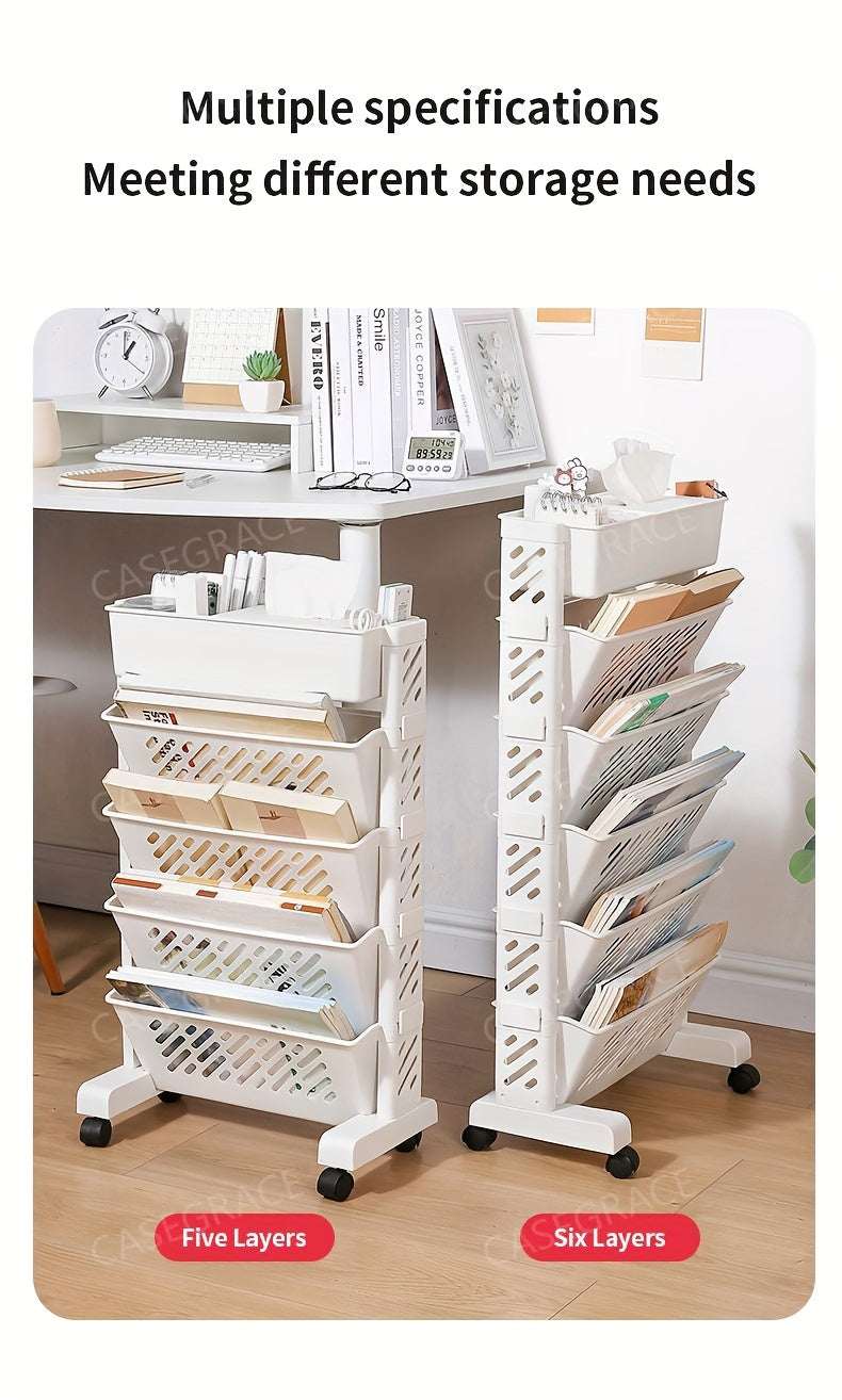 5-Tier Rolling Bookshelf Cart – Movable Office Desk Side Storage 10kg PP Plastic--Deal Extra-Deal Extra