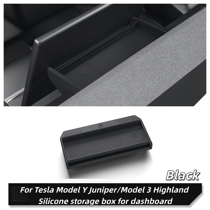 One-Piece Premium Silicone Dashboard Organizer Tray for Tesla Model 3 Highland 2024-2025 and for Model Y Juniper 2025 - ETC Card Slot Storage Box with Tissue Box Holder, Rear Screen Protection Design, Durable  Accessory, Flex
