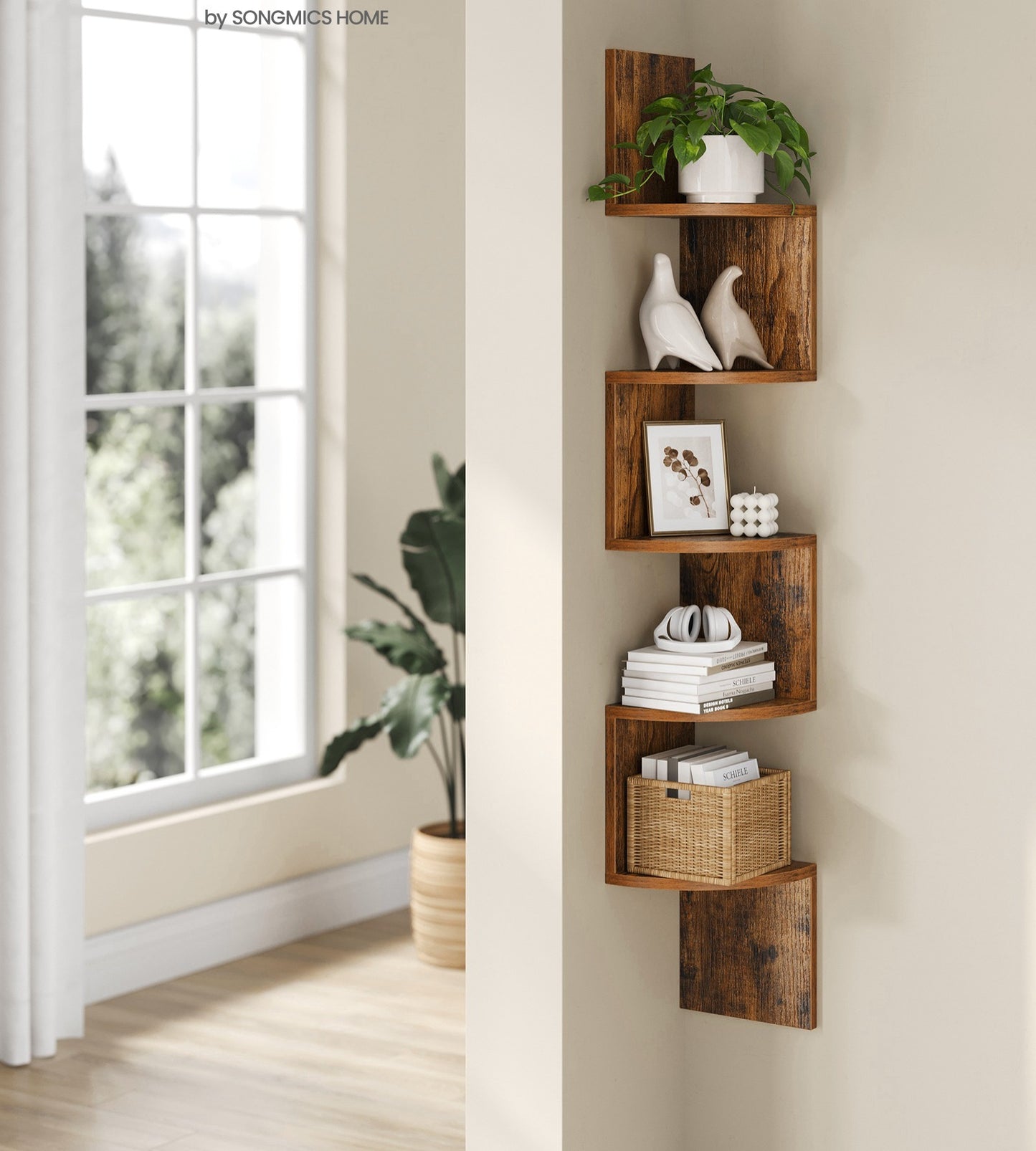 Corner Shelf, 5-Tier Floating Wall Shelf with Zigzag Design, Bookshelf, Rustic Brown--Deal Extra-Deal Extra