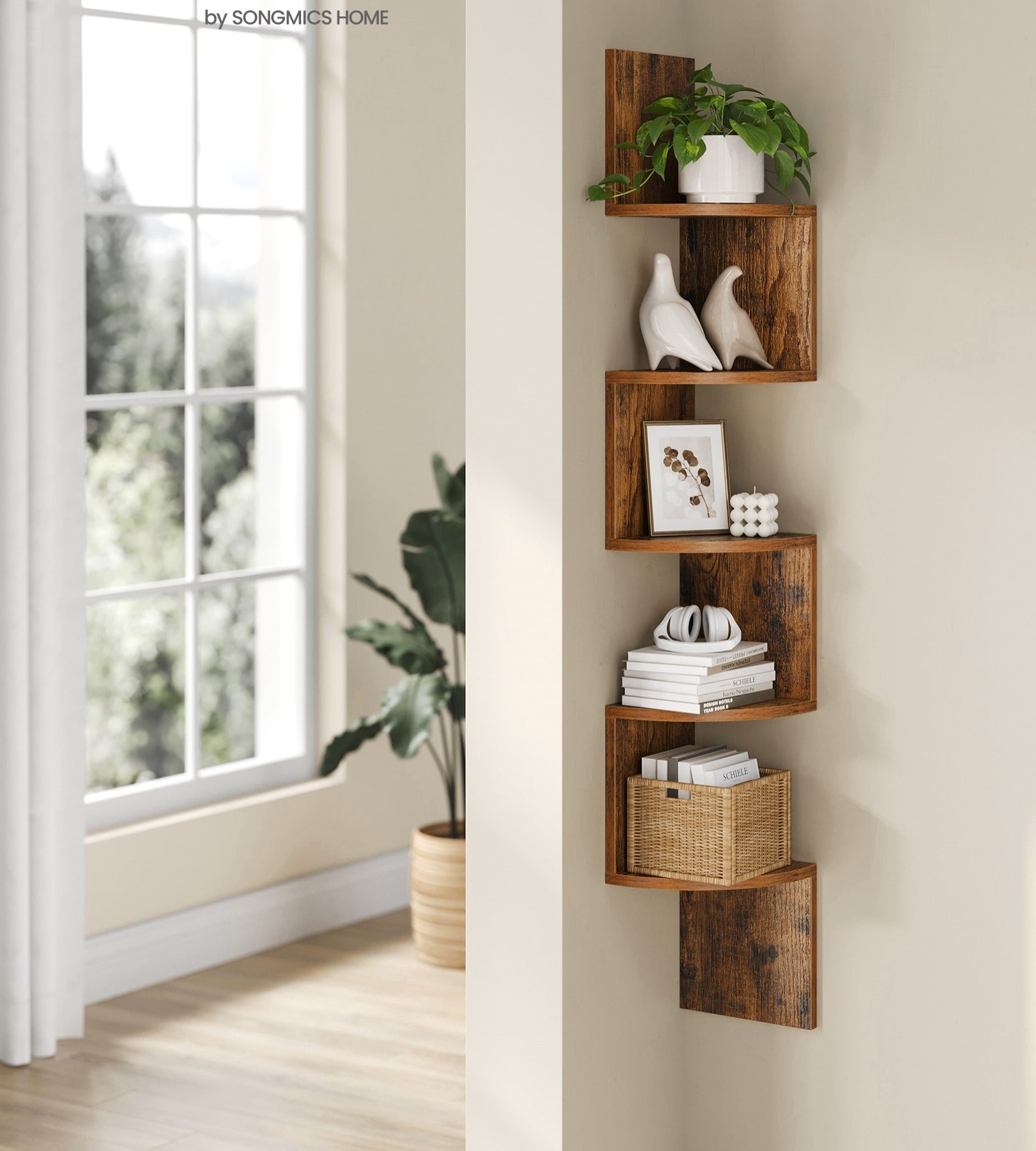 Corner Shelf, 5-Tier Floating Wall Shelf with Zigzag Design, Bookshelf, Rustic Brown--Deal Extra-Deal Extra