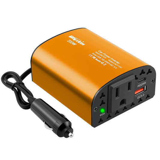 200W Car Power Inverter with PD 25W & QC3, 0 USB Ports - 12V DC to 110V AC Outlet Adapter, Compact Portable Design for Laptops, Tablets, Phones - Car Charger for Road Trips, Camping, Travel, Car Charger Adapter, Road Trip Ess--Deal Extra-Color:Yellow-Deal Extra