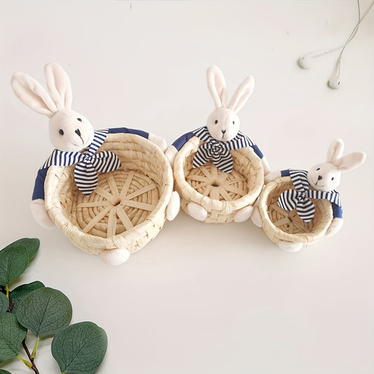 Easter Bunny Wicker Storage Basket Set, Handmade Bamboo Organizer Bins, Decorative Home Display, with Striped Bear Accent, for Holiday Easter Decor, Party Supplies & Home Decorations--Deal Extra-Deal Extra