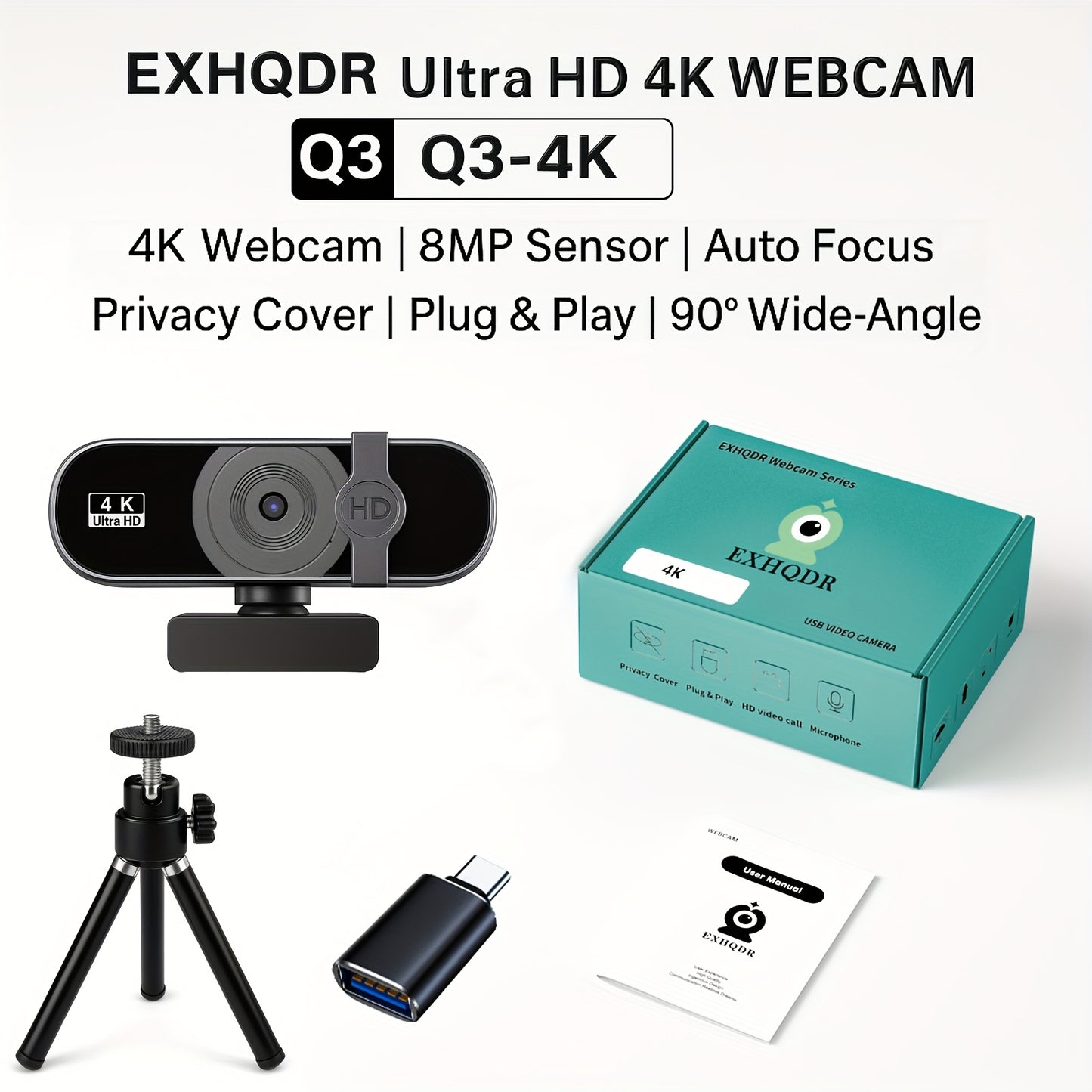EXHQDR Q3 4K 8MP Webcam Auto Focus 90° USB Privacy Cover – Streaming Meetings--Deal Extra-Model:Q3-4K Ultra HD-Deal Extra