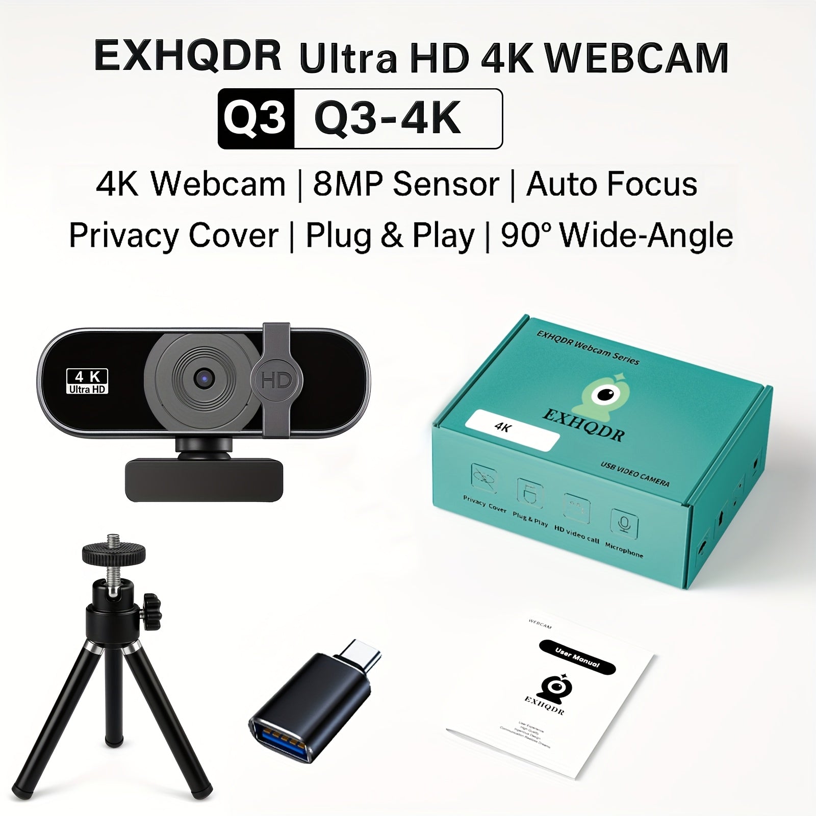 EXHQDR Q3 4K 8MP Webcam Auto Focus 90° USB Privacy Cover – Streaming Meetings--Deal Extra-Model:Q3-4K Ultra HD-Deal Extra