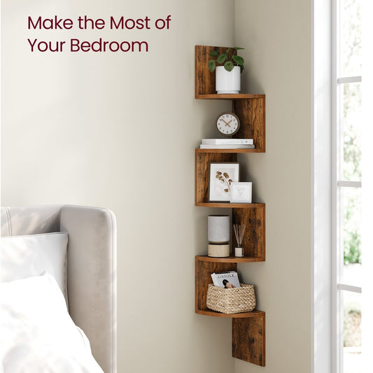 Corner Shelf, 5-Tier Floating Wall Shelf with Zigzag Design, Bookshelf, Rustic Brown--Deal Extra-Deal Extra
