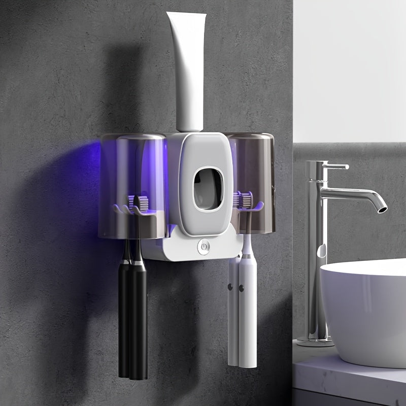 3-in-1 Automatic Wall-Mounted Toothbrush Cleaner Holder & Toothpaste Dispenser with 4-Slot Toothbrush, No Drill Installation, Rechargeable Bathroom Storage Suitable for Bathroom, Space-Saving Hygienic Brush Holder (Grey/black--Deal Extra-Deal Extra