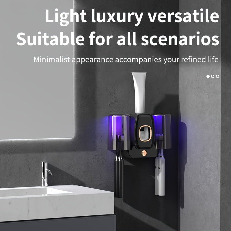 3-in-1 Automatic Wall-Mounted Toothbrush Cleaner Holder & Toothpaste Dispenser with 4-Slot Toothbrush, No Drill Installation, Rechargeable Bathroom Storage Suitable for Bathroom, Space-Saving Hygienic Brush Holder (Grey/black--Deal Extra-Deal Extra