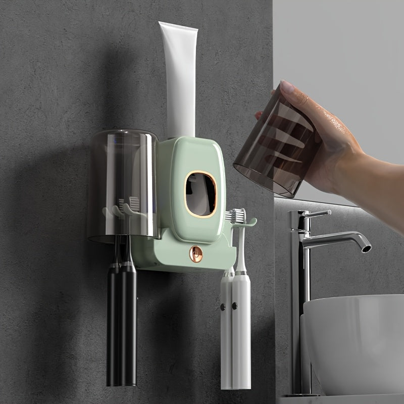 3-in-1 Automatic Wall-Mounted Toothbrush Cleaner Holder & Toothpaste Dispenser with 4-Slot Toothbrush, No Drill Installation, Rechargeable Bathroom Storage Suitable for Bathroom, Space-Saving Hygienic Brush Holder (Grey/black--Deal Extra-Deal Extra