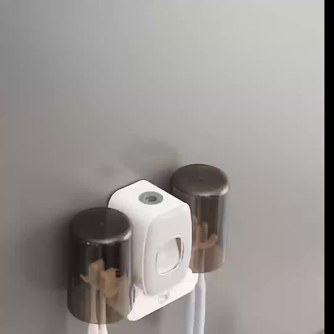 3-in-1 Automatic Wall-Mounted Toothbrush Cleaner Holder & Toothpaste Dispenser with 4-Slot Toothbrush, No Drill Installation, Rechargeable Bathroom Storage Suitable for Bathroom, Space-Saving Hygienic Brush Holder (Grey/black--Deal Extra-Deal Extra