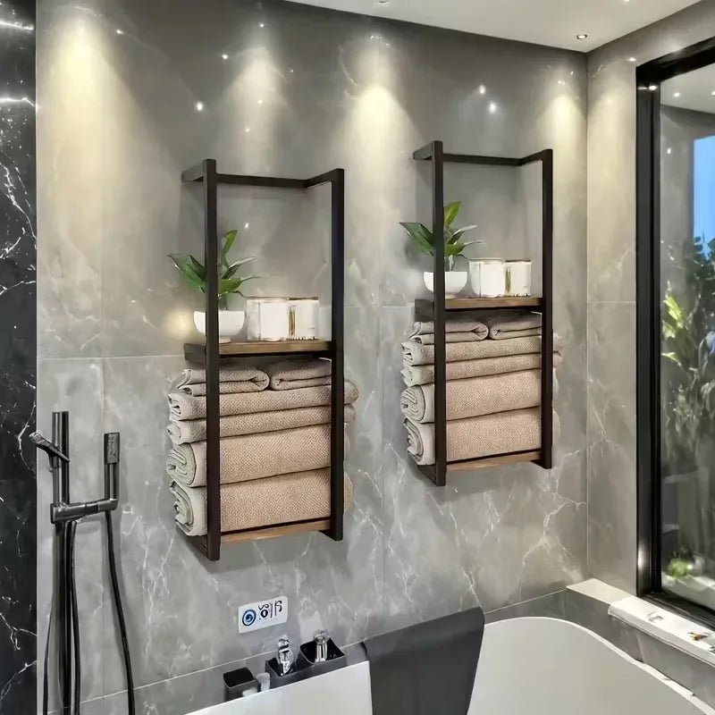 2-Tier Iron Wall Mounted Towel Rack – French Country Bathroom Dual Shelf Storage--Deal Extra-Deal Extra