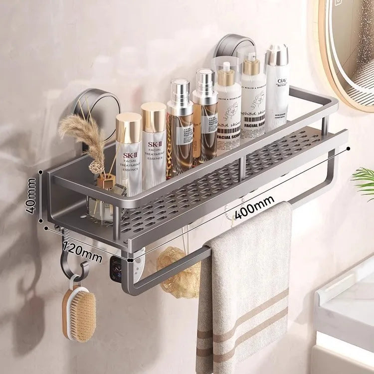 Aluminum Suction Cup Bathroom Shelf – No Drill Wall Mount Single Tier Organizer--Deal Extra-Color:Gray Hook-40CM-Deal Extra