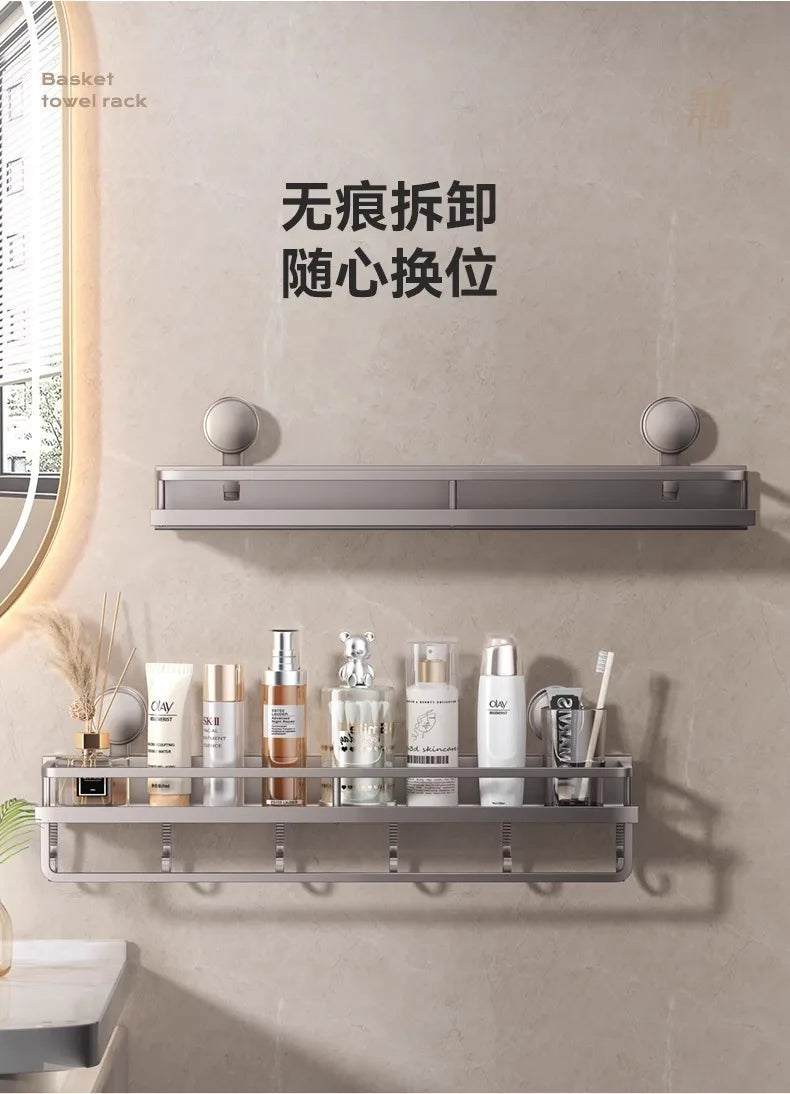 Aluminum Suction Cup Bathroom Shelf – No Drill Wall Mount Single Tier Organizer--Deal Extra-Deal Extra