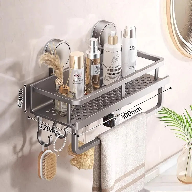 Aluminum Suction Cup Bathroom Shelf – No Drill Wall Mount Single Tier Organizer--Deal Extra-Color:Gray Hook-30CM-Deal Extra