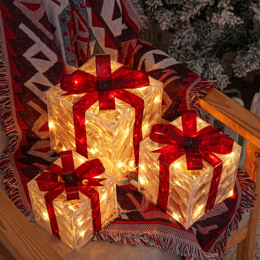 Set of 3 ChristmasLighted Gift Boxes, Transparent  Lighted Christmas Box Decrations, Presents Boxs with Red Bows for Christams Tree, Yard, Home, Christams outdoor Decorations--Deal Extra-Color:Warm White Light-Model:Classics (Set Of 3 )-Deal Extra