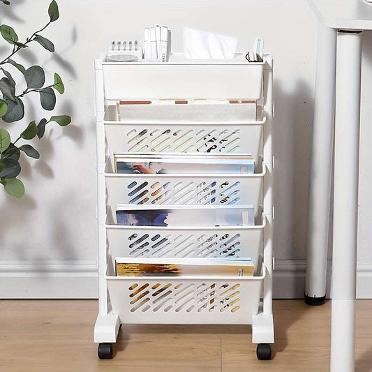 5-Tier Rolling Bookshelf Cart – Movable Office Desk Side Storage 10kg PP Plastic--Deal Extra-Deal Extra