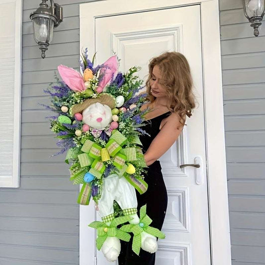 Vintage Easter Bunny Wreath Hanging Decor – Plastic Cartoon Rabbit Spring Ornament--Deal Extra-Deal Extra