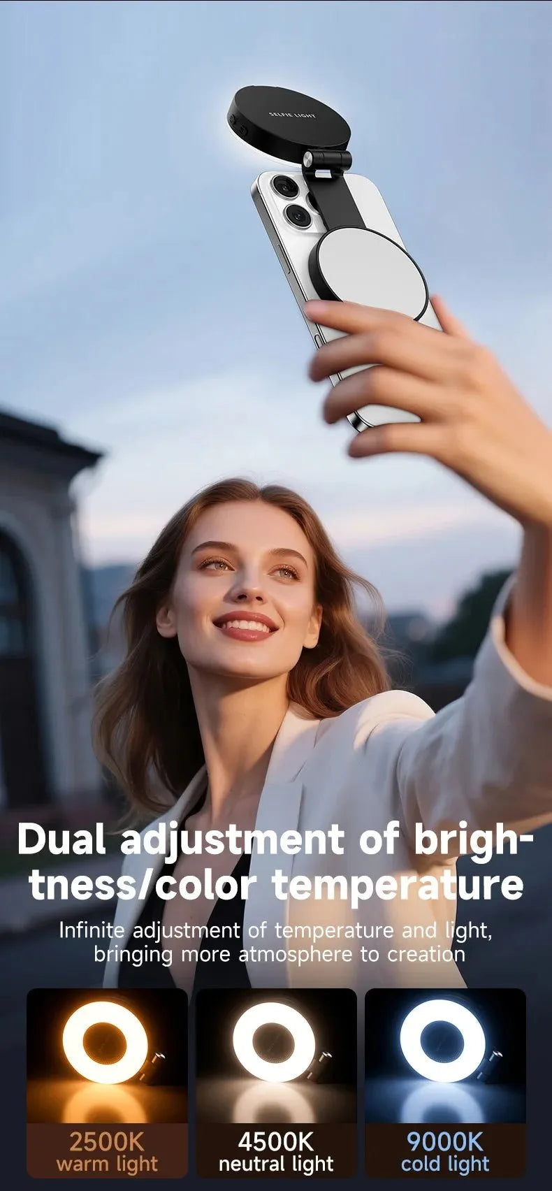 Capture flawless selfies anywhere with this magnetic LED selfie light for MagSafe, compatible with iPhone 17 Pro Max, 16, 15, 14, 13, 12 and all smartphones.