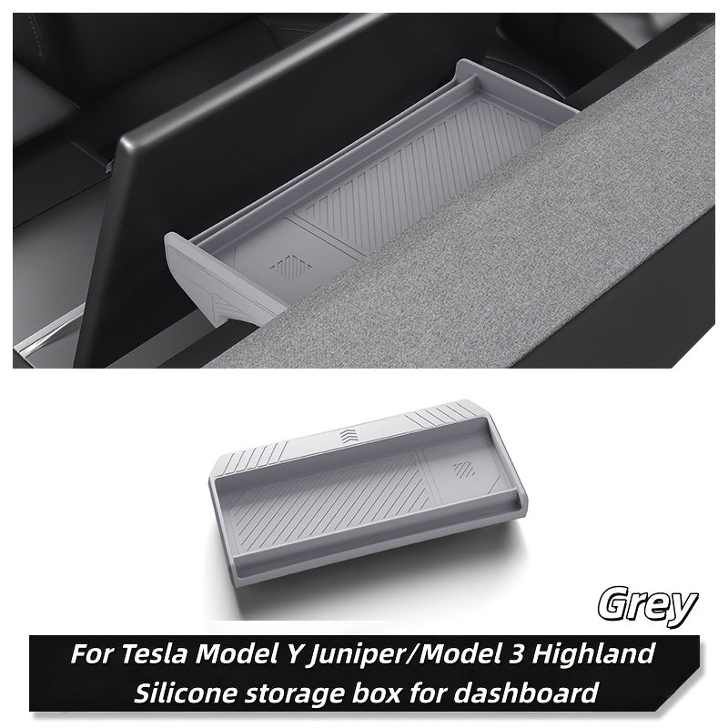 One-Piece Premium Silicone Dashboard Organizer Tray for Tesla Model 3 Highland 2024-2025 and for Model Y Juniper 2025 - ETC Card Slot Storage Box with Tissue Box Holder, Rear Screen Protection Design, Durable  Accessory, Flex