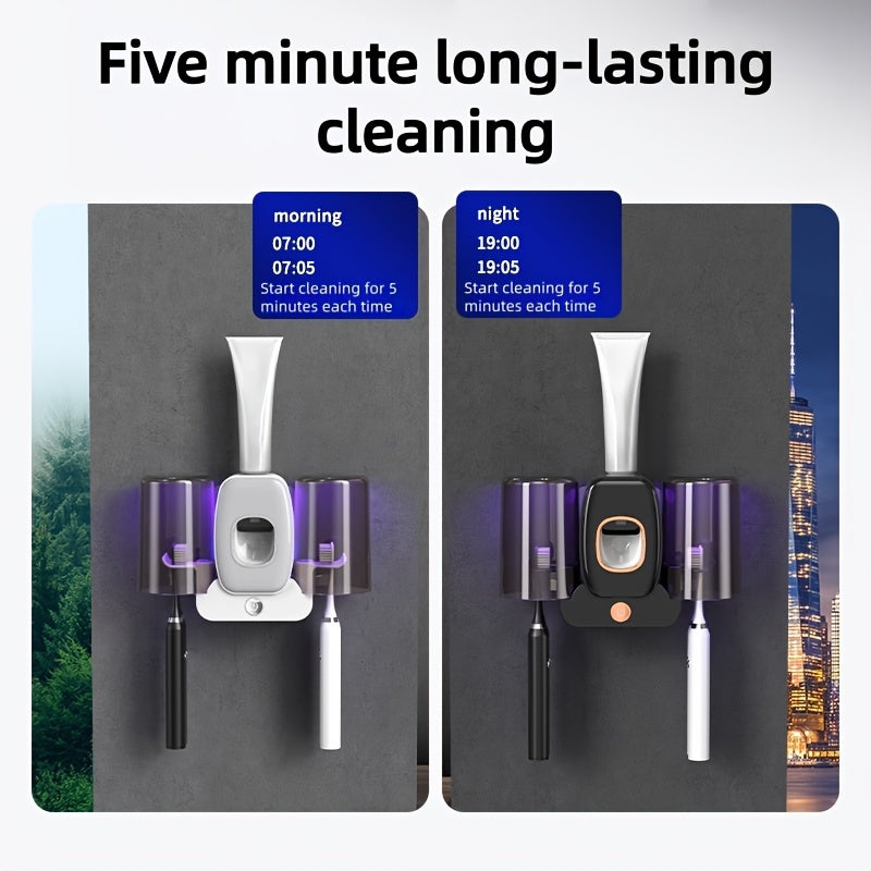 3-in-1 Automatic Wall-Mounted Toothbrush Cleaner Holder & Toothpaste Dispenser with 4-Slot Toothbrush, No Drill Installation, Rechargeable Bathroom Storage Suitable for Bathroom, Space-Saving Hygienic Brush Holder (Grey/black--Deal Extra-Deal Extra