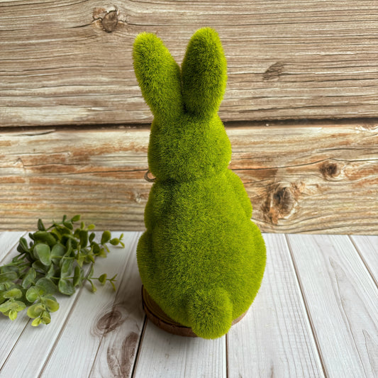 Charming Green Flocked Bunny Statue (6.6") – Rustic Easter & Spring Garden Decoration, Outdoor Moss Rabbit Figurine with Ribbon, Perfect for Holiday Displays & Home Yard Decor