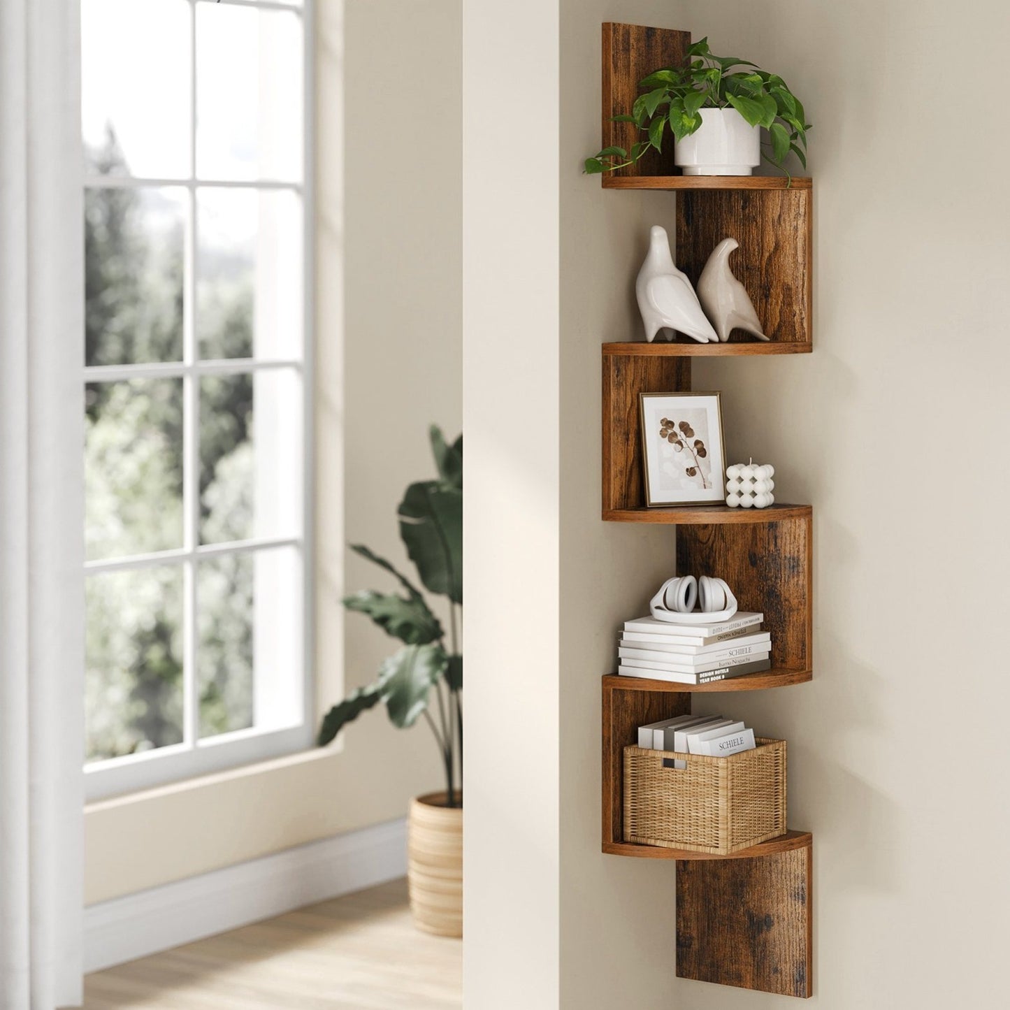 Corner Shelf, 5-Tier Floating Wall Shelf with Zigzag Design, Bookshelf, Rustic Brown--Deal Extra-Color:Rustic Brown-Deal Extra