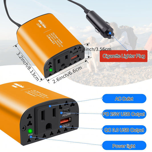 200W Car Power Inverter with PD 25W & QC3, 0 USB Ports - 12V DC to 110V AC Outlet Adapter, Compact Portable Design for Laptops, Tablets, Phones - Car Charger for Road Trips, Camping, Travel, Car Charger Adapter, Road Trip Ess--Deal Extra-Deal Extra