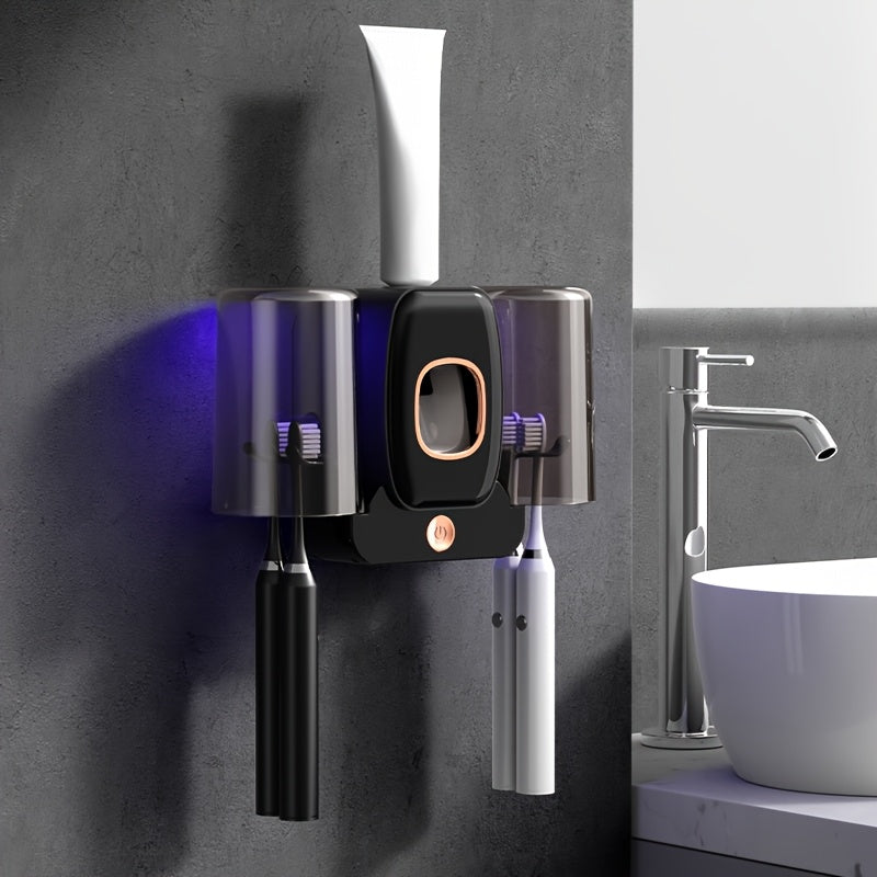 3-in-1 Automatic Wall-Mounted Toothbrush Cleaner Holder & Toothpaste Dispenser with 4-Slot Toothbrush, No Drill Installation, Rechargeable Bathroom Storage Suitable for Bathroom, Space-Saving Hygienic Brush Holder (Grey/black--Deal Extra-Color:Black-Deal Extra