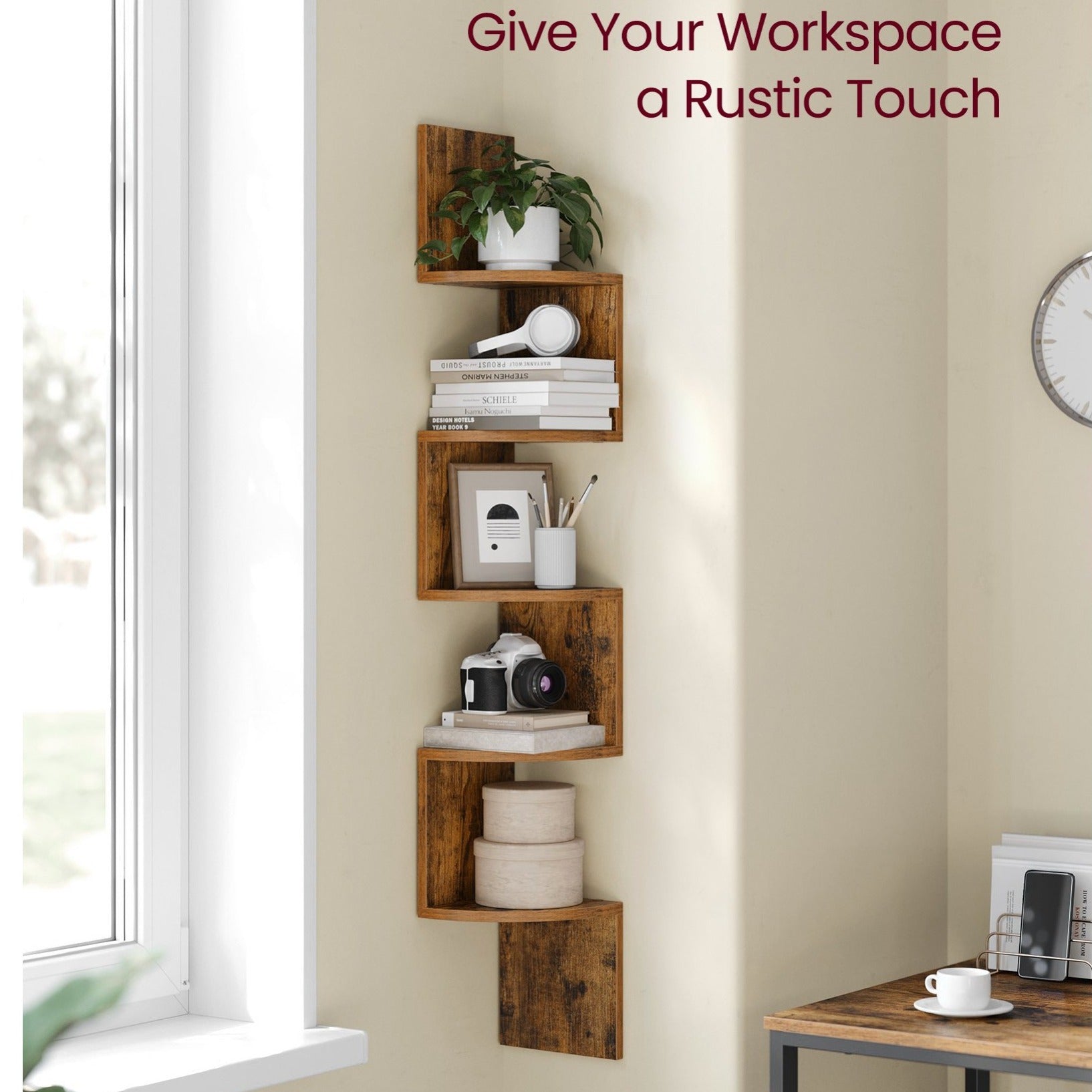 Corner Shelf, 5-Tier Floating Wall Shelf with Zigzag Design, Bookshelf, Rustic Brown--Deal Extra-Deal Extra