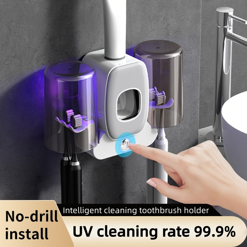 3-in-1 Automatic Wall-Mounted Toothbrush Cleaner Holder & Toothpaste Dispenser with 4-Slot Toothbrush, No Drill Installation, Rechargeable Bathroom Storage Suitable for Bathroom, Space-Saving Hygienic Brush Holder (Grey/black--Deal Extra-Deal Extra